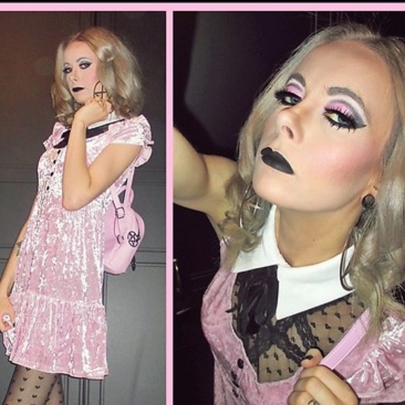 🆕 Killstar "Delana Crushin' Doll" Pink Velvet Babydoll Dress - Picture 8 of 15